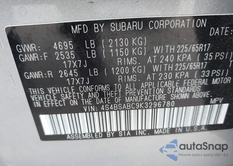 2019 Subaru Outback 2.5I z USA, uszkodzony, nr VIN 4S4BSABC9K3296780